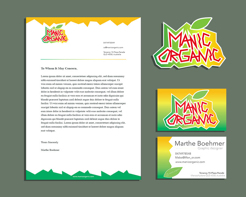 Visuel identitet Manic Organic med businesskort, dokumentmal og logo