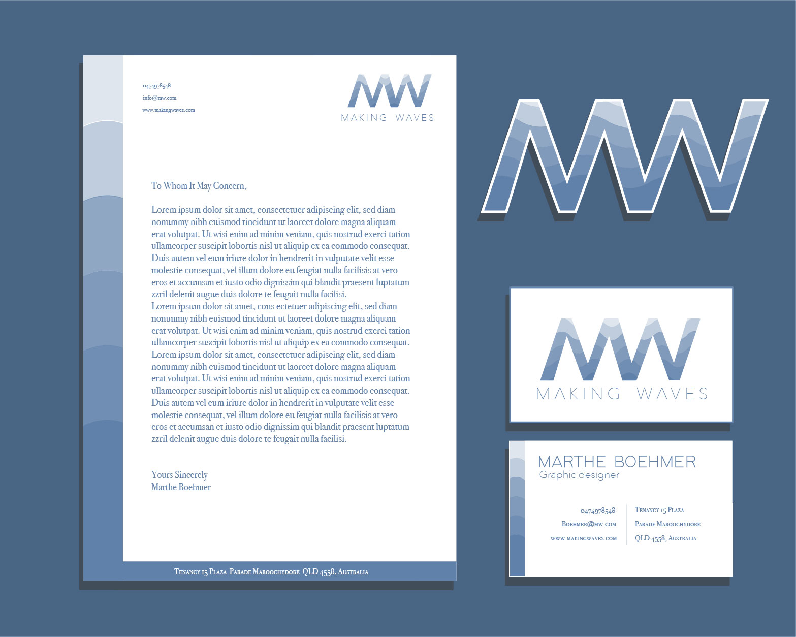 Visuell identitet Making Waves med businesscard, dokumentmal og logo